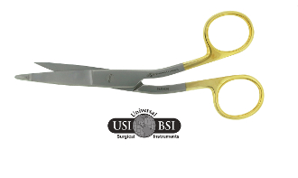 A pair of scissors with yellow handles and a gray handle.