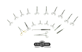 A variety of surgical instruments are arranged in a circle.