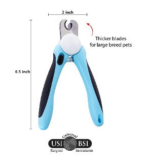 A blue and black dog nail clippers with instructions.