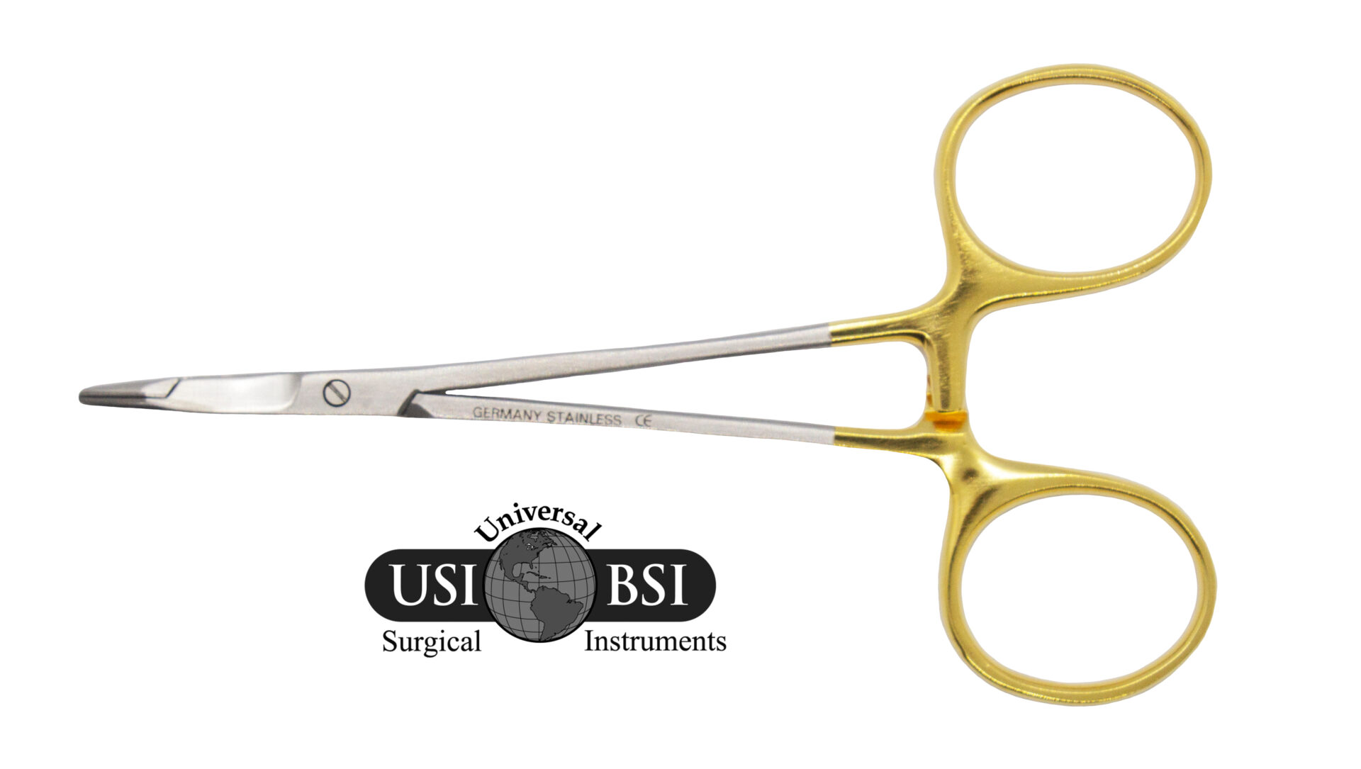 A pair of scissors with gold handles and a logo.