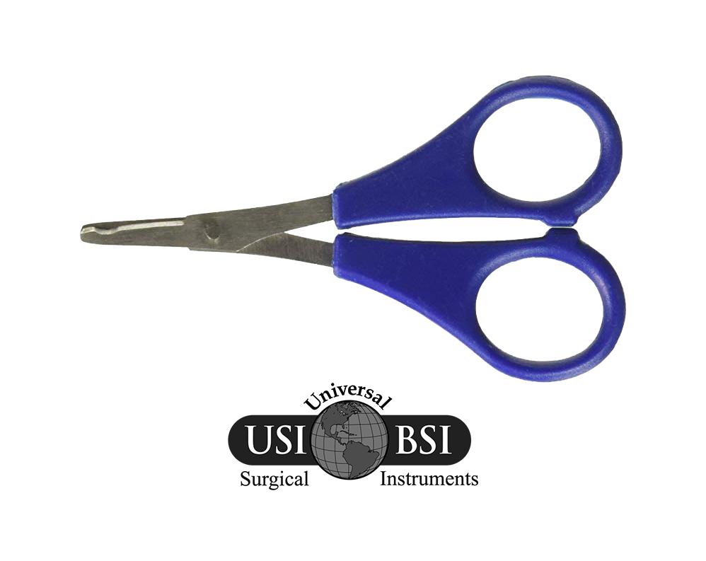A pair of blue scissors with a silver handle.