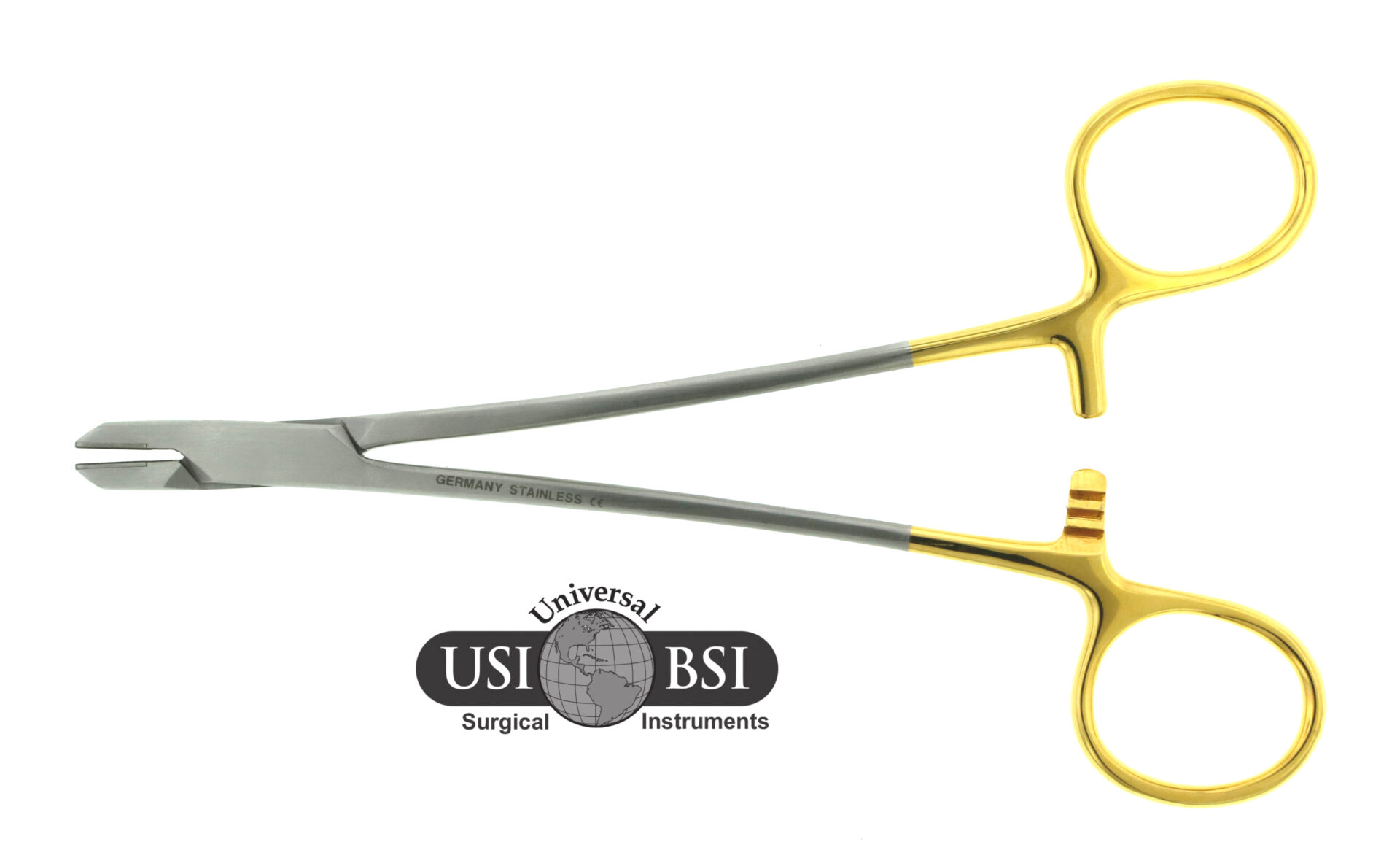 A pair of scissors with gold handles and a us 1 bsi logo.