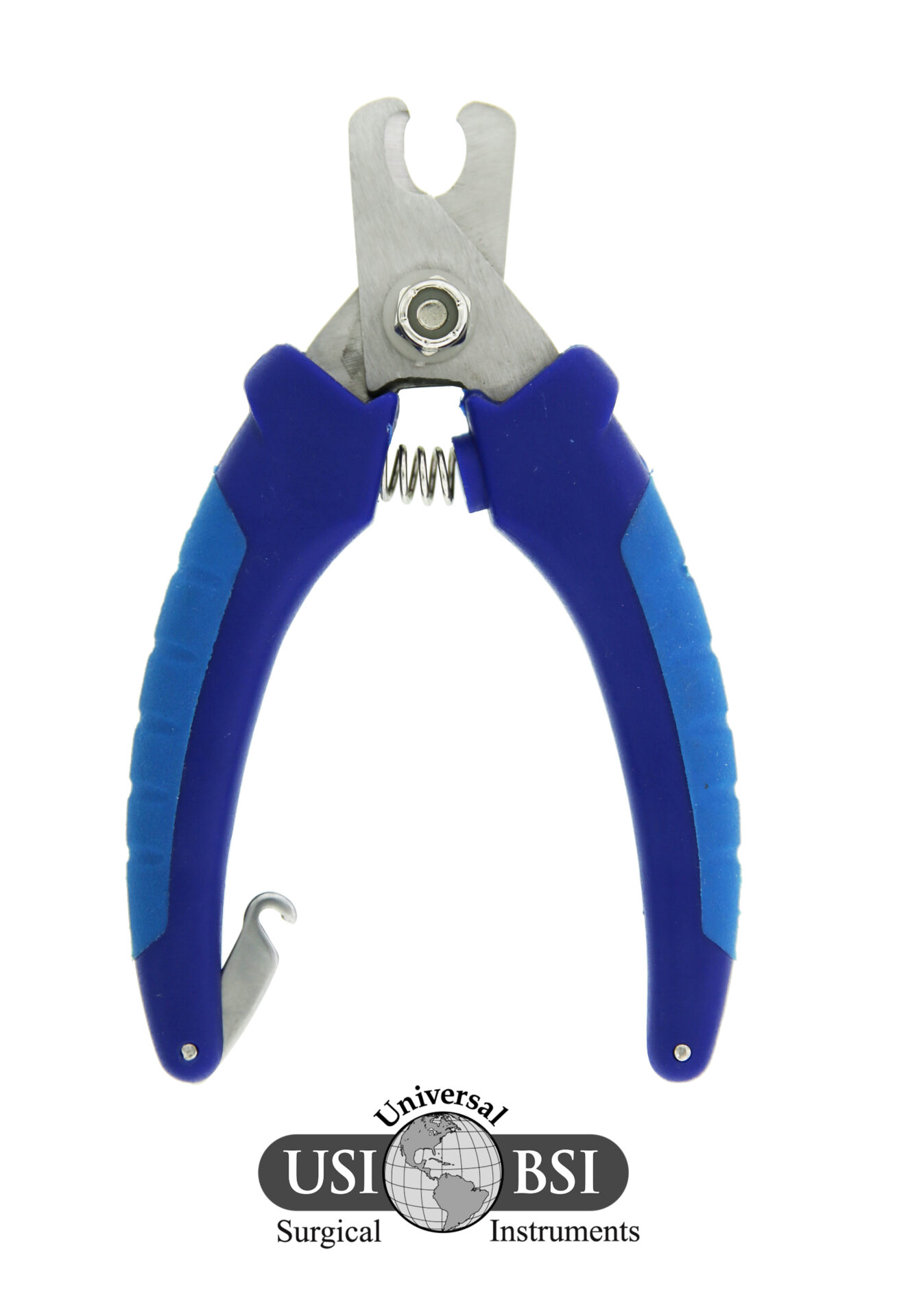 A pair of blue and silver pliers with a handle.