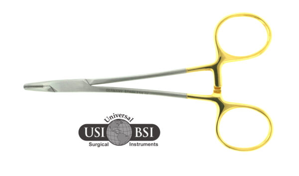 A pair of scissors with yellow handles and a logo.