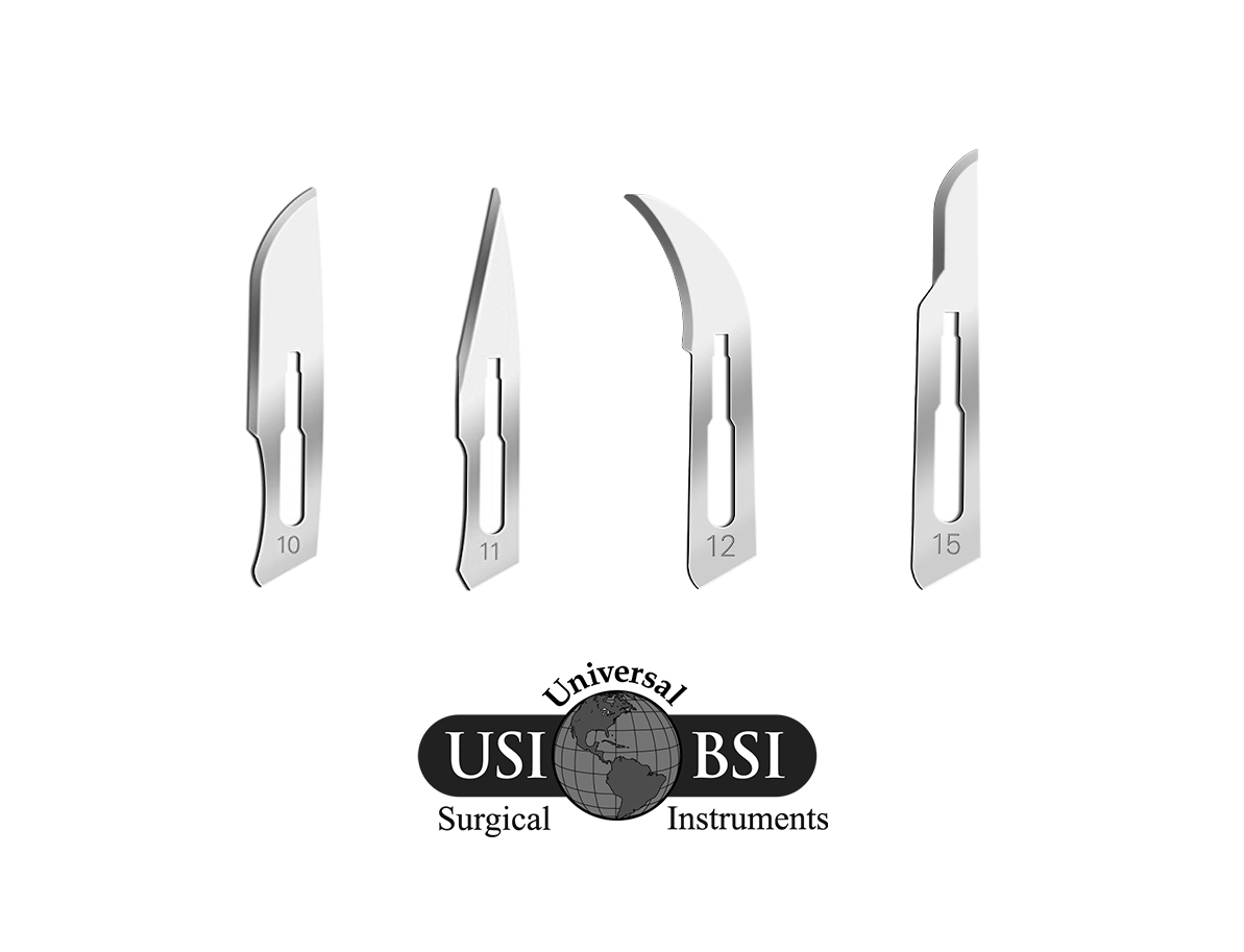 A set of four surgical instruments with the logo for universal surgical instruments.
