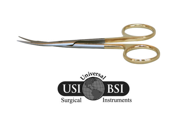 A pair of scissors with gold handles and a logo.