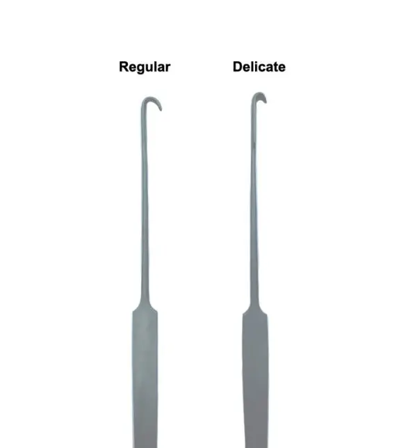 A pair of metal hooks are shown with different sizes.