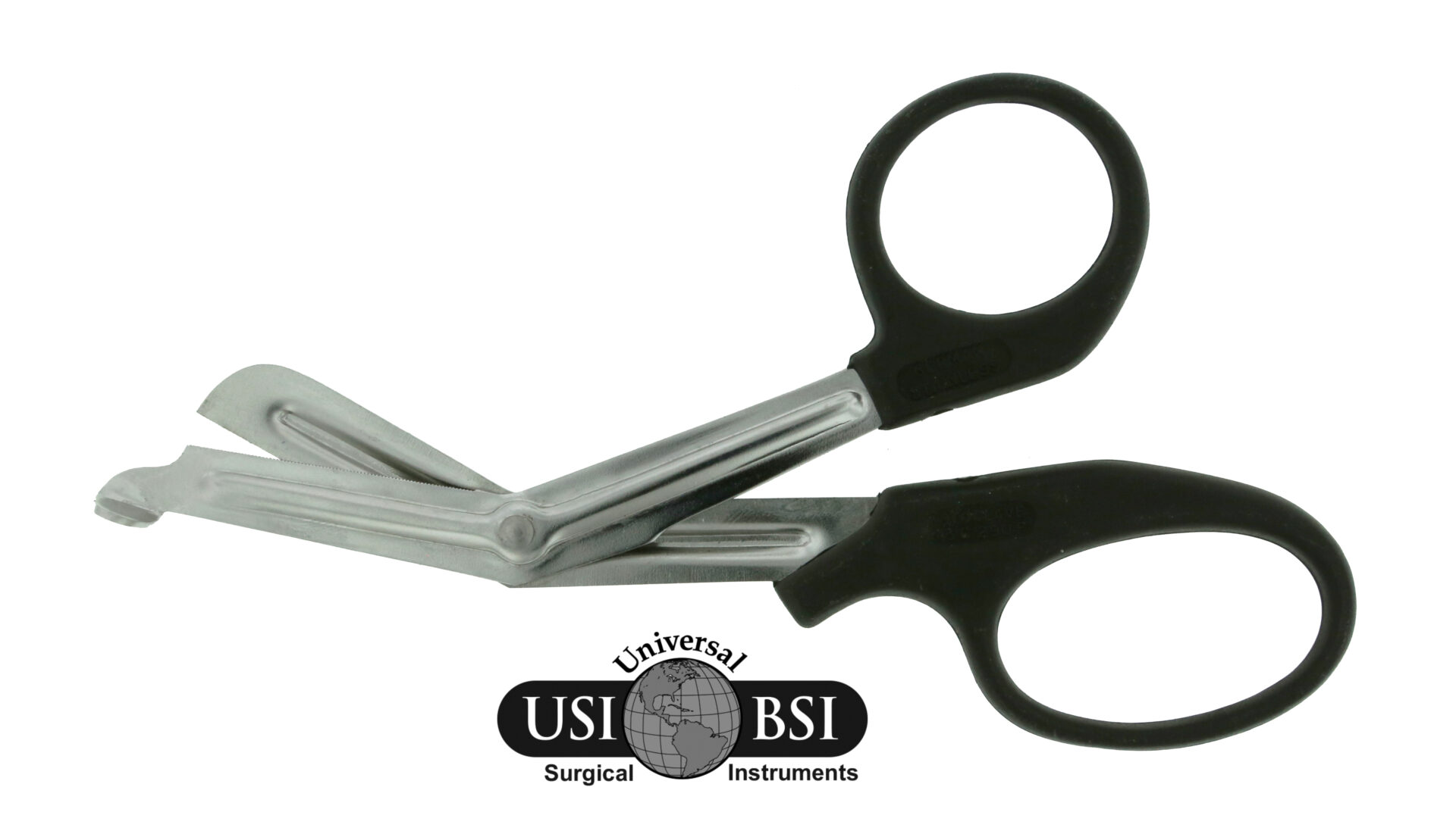A pair of scissors with black handles and a rubber handle.