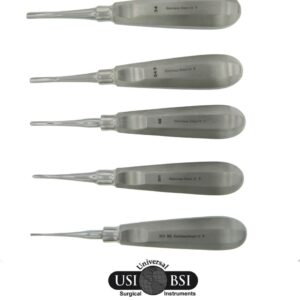 A set of five surgical instruments that are all in different sizes.
