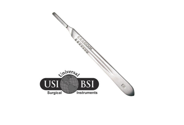 A metal scalpel with the logo of universal surgical instruments.