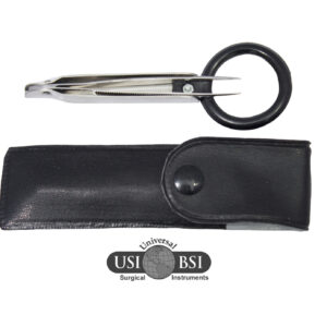A pair of scissors in a leather case.