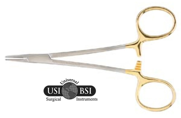 A pair of scissors with gold handles and silver tips.
